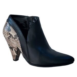 Snake Print Nadalie Bootie Ankle Boot. 3" chunky heel. Pointed toe silhouettes.